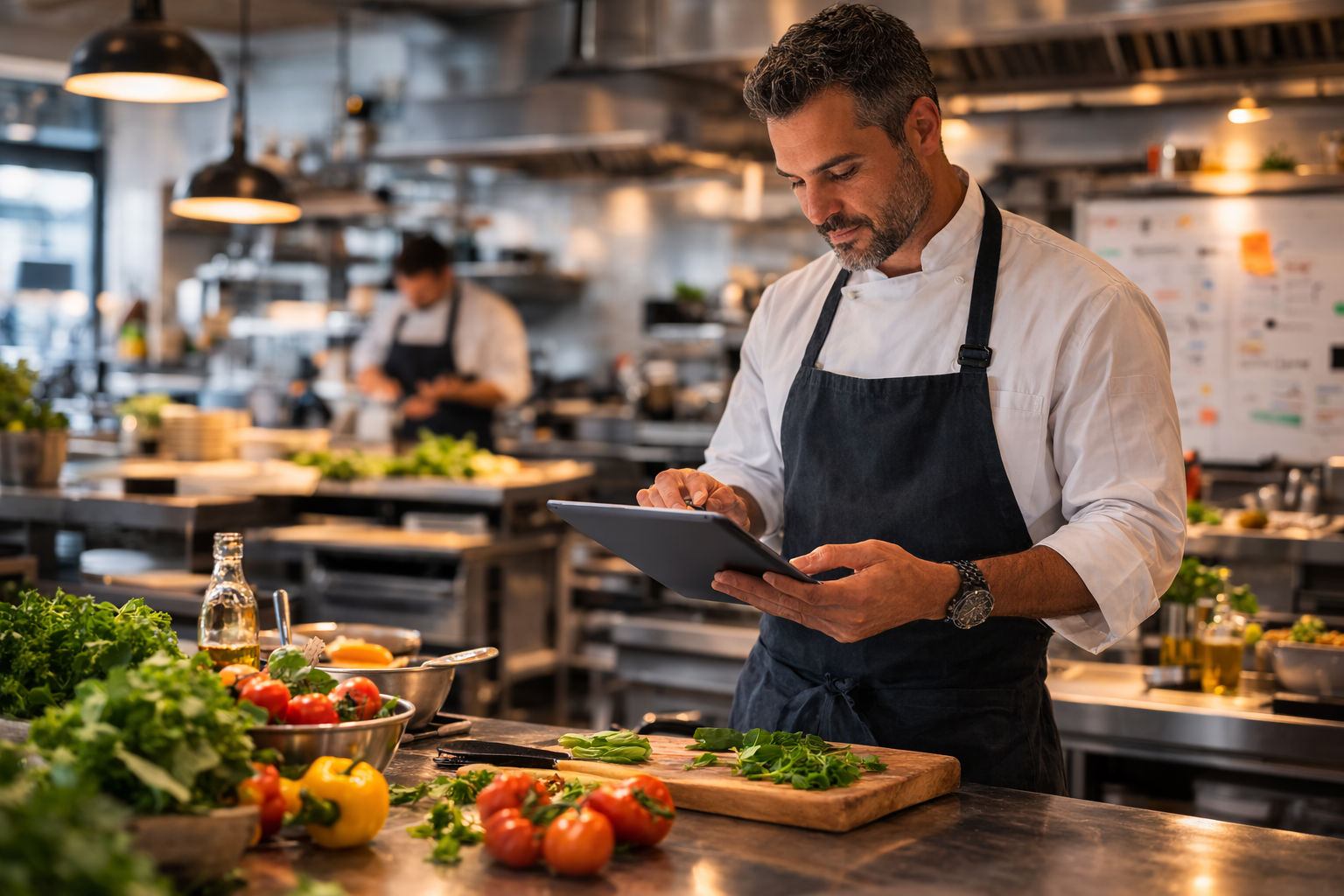 Chef managing kitchen orders on tablet